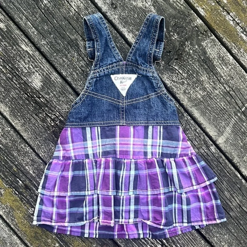 OshKosh B'gosh Overall Dress‎ Kids 18 Months Purple Plaid Denim EUC